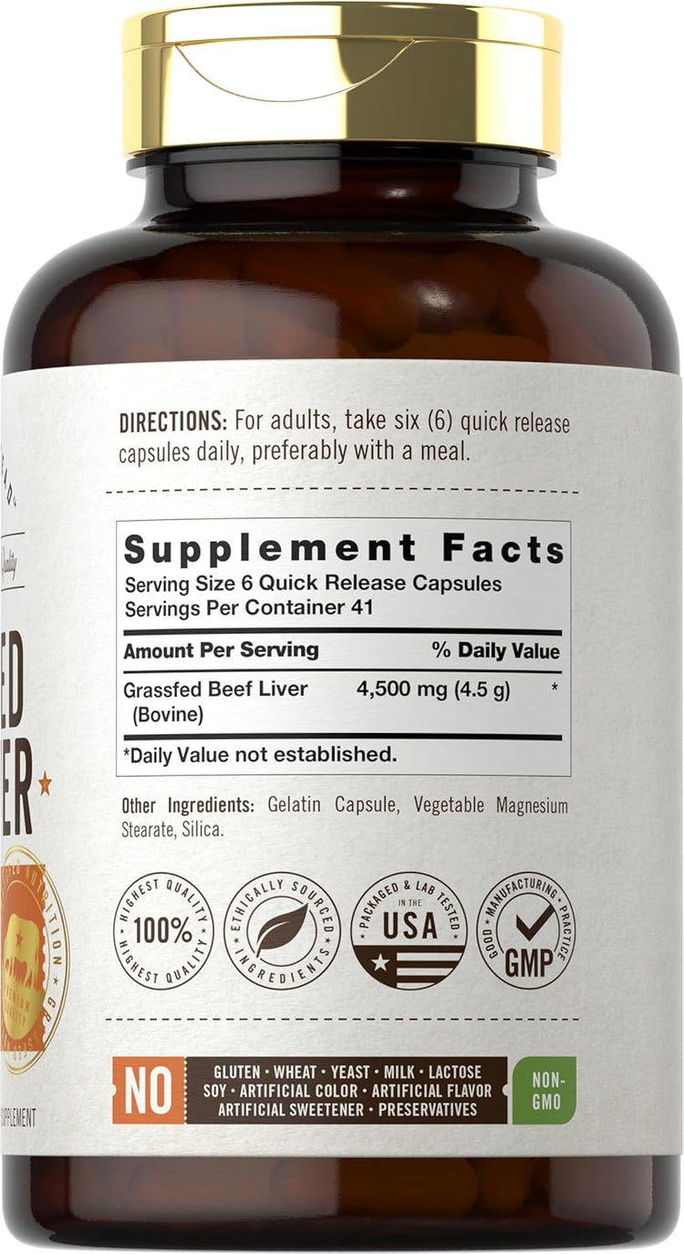 Grass fed liver capsules, 4500 mg, quick release, 250 count.