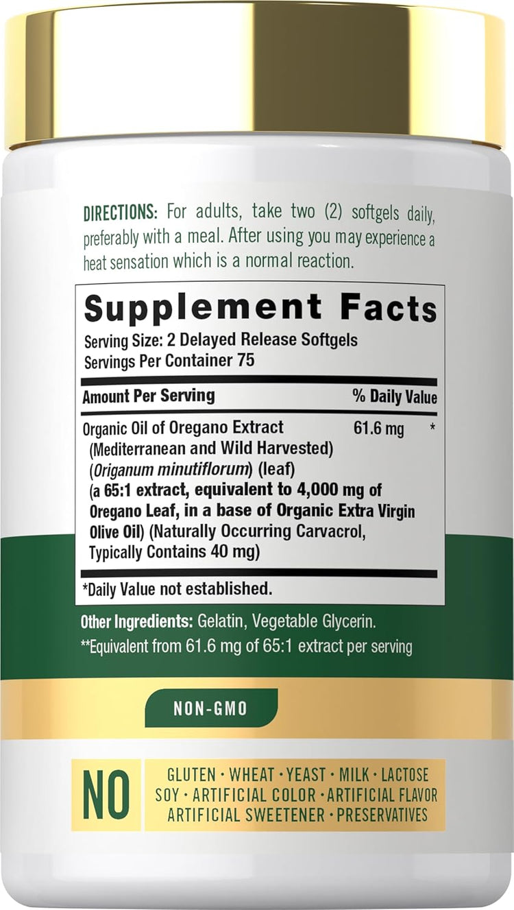 Supplement Facts panel for Oregano Oil 4000 mg Softgels, 150 count, detailing ingredients and nutritional information.