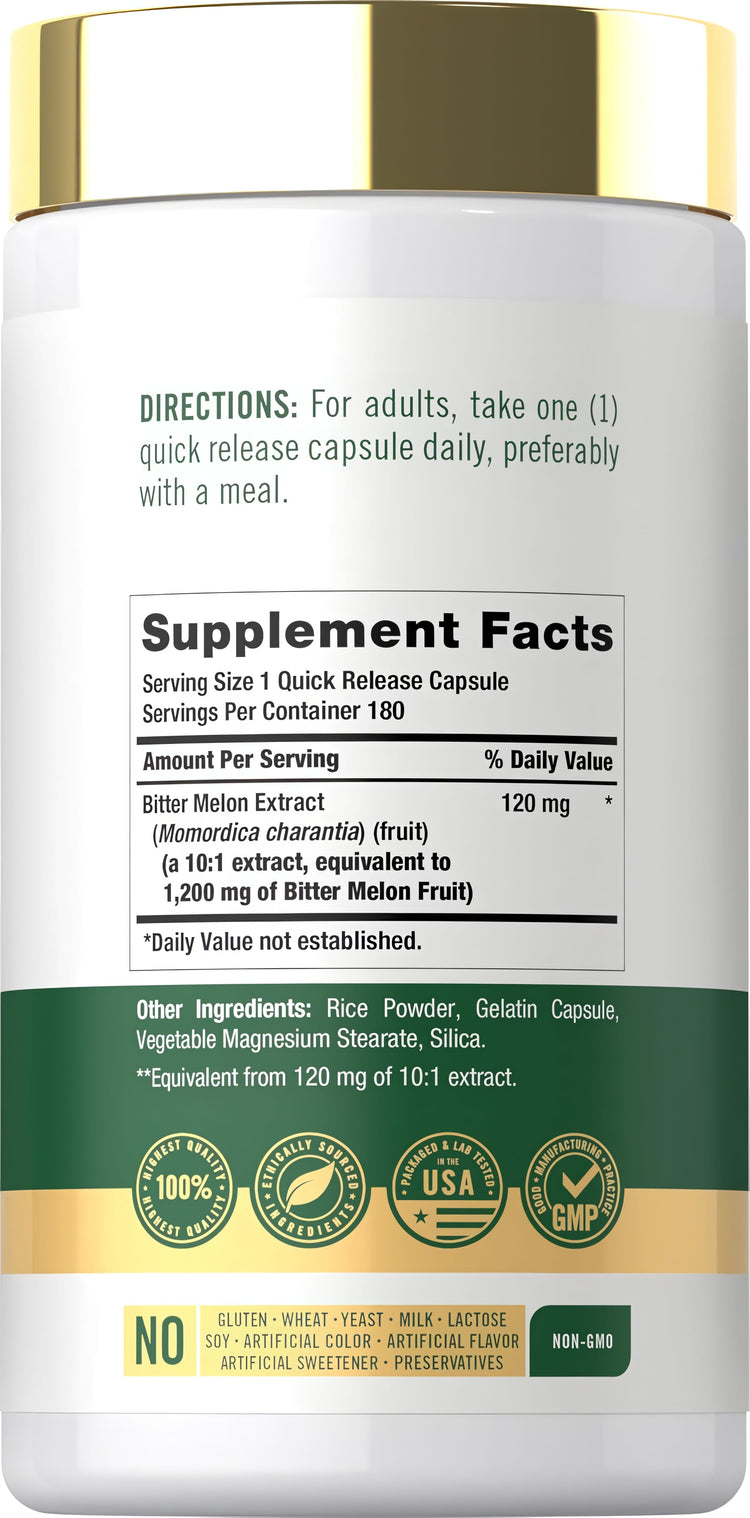 Bottle of Carlyle Bitter Melon 1200 mg containing 180 quick release capsules.