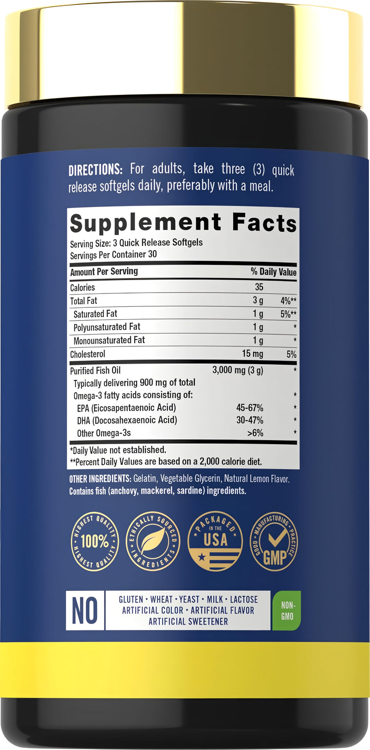Supplement Facts panel detailing Carlyle Fish Oil 3000 mg, 90 softgels.