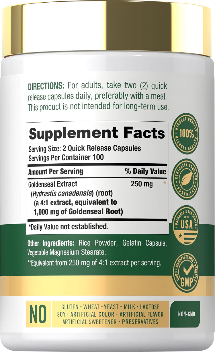 Supplement Facts for Carlyle Goldenseal Root 1000 mg, 200 Capsules, detailed on panel.