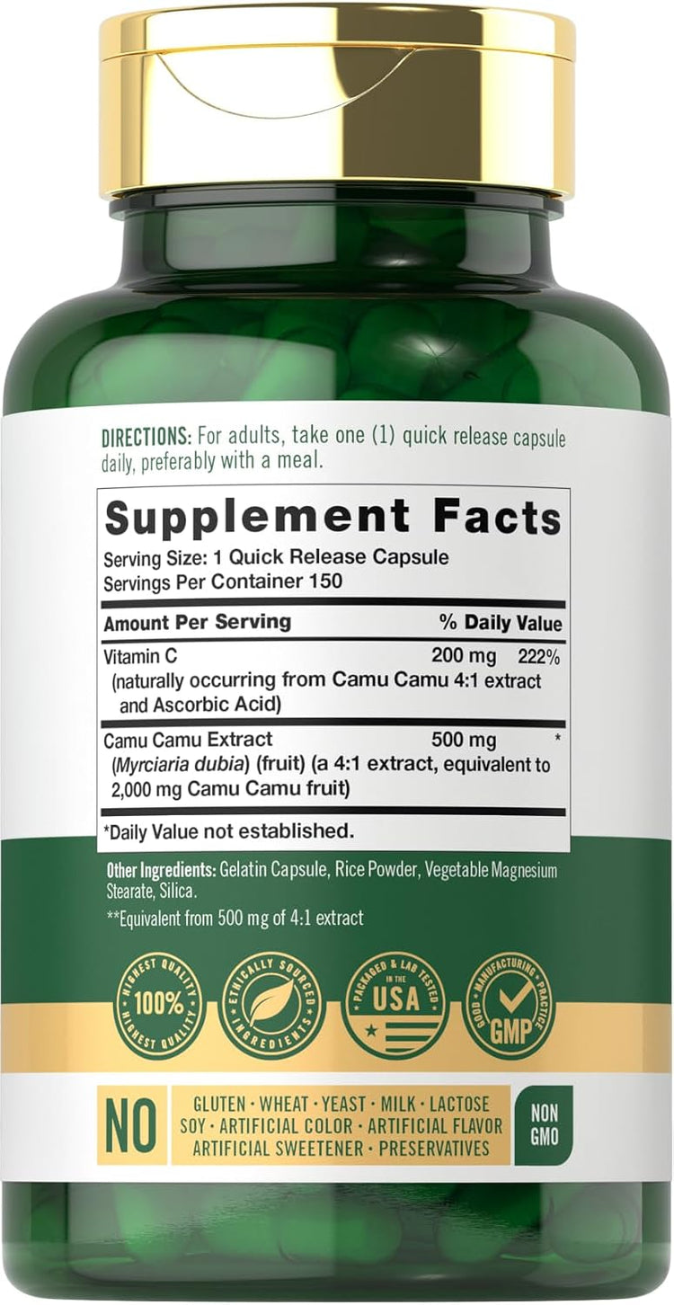Supplement Facts panel detailing Camu Camu Extract 2000 mg in 150 capsules.