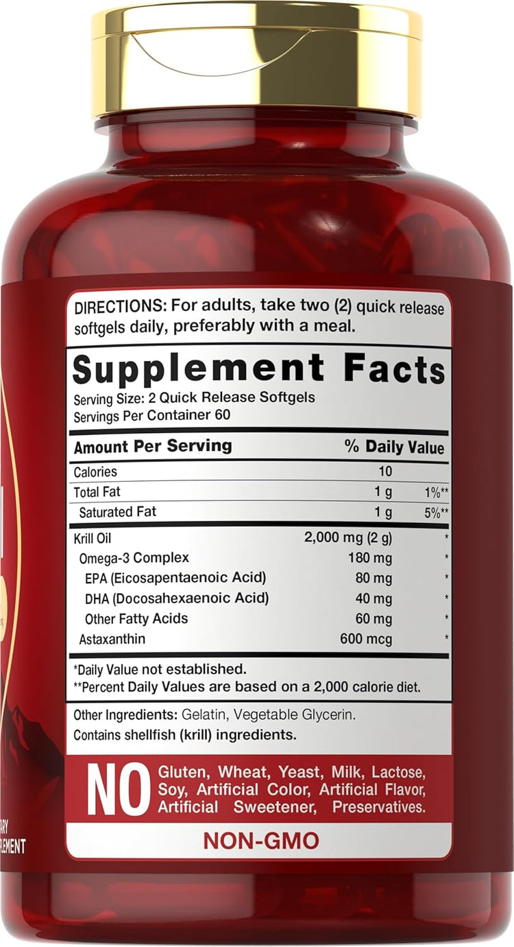 Supplement Facts panel displaying details for CL Krill Oil 2000 mg Softgels, available in a bottle of 120 softgels.