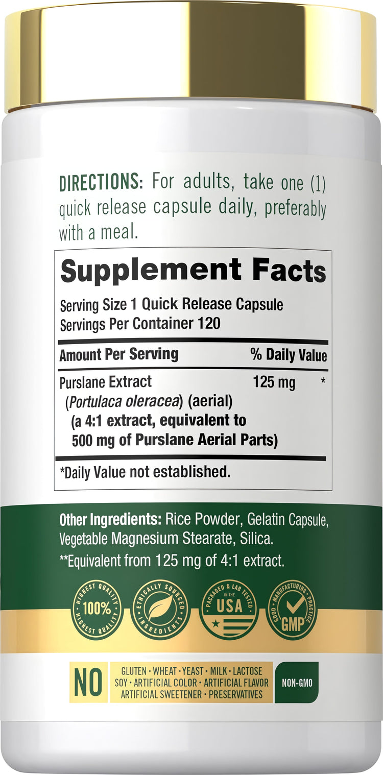 Carlyle Purslane 500 mg 120 Capsules Supplement Facts panel image.