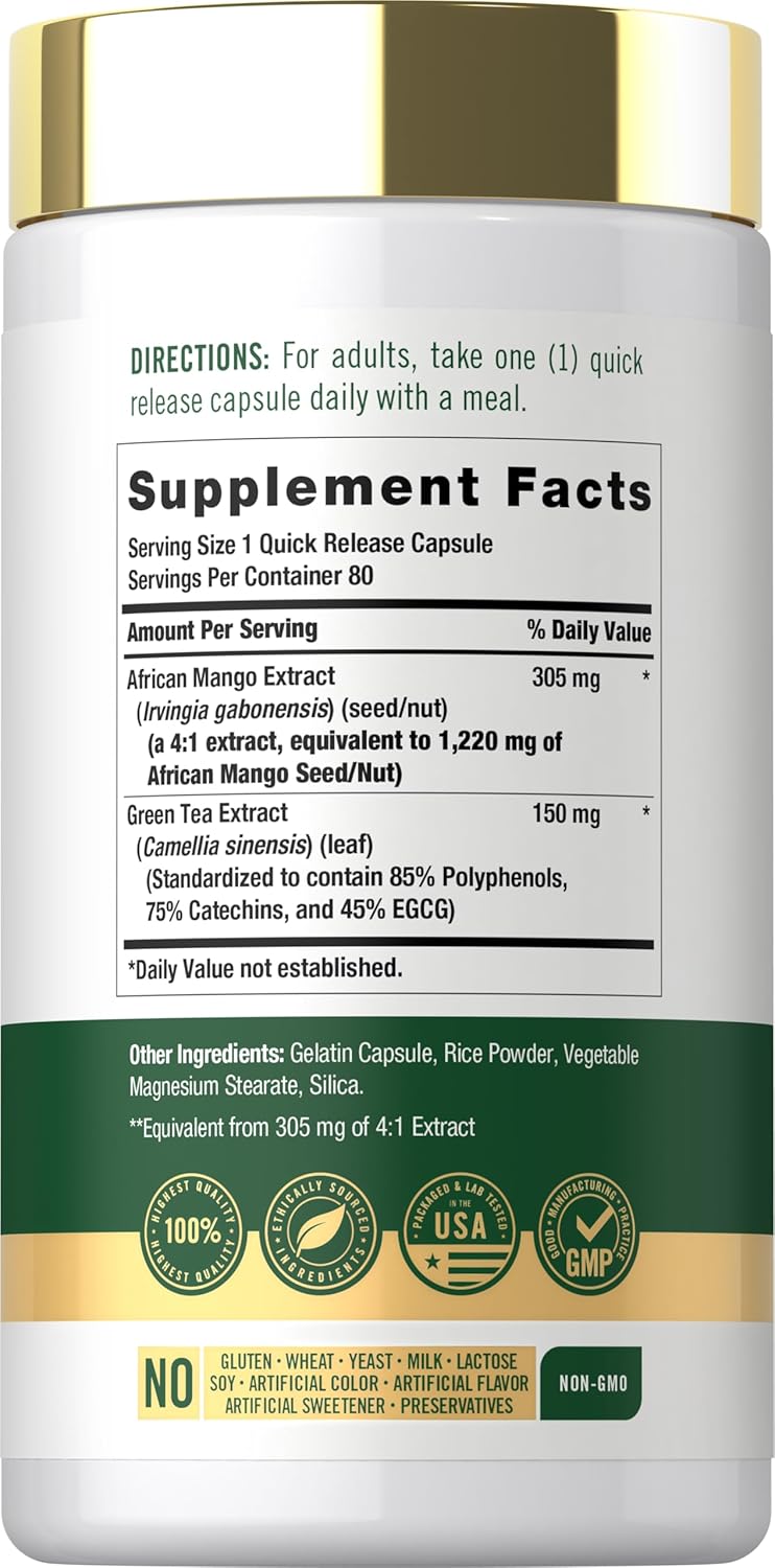 Supplement Facts panel for Carlyle African Mango with Green Tea, 1220mg, 80 capsules.