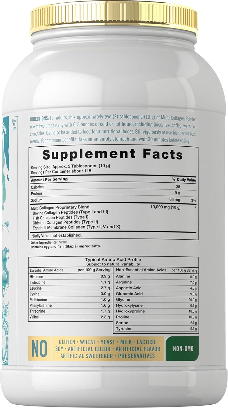 Collagen Powder bottle: Gluten & Wheat Free, Yeast Free, Milk & Lactose Free, Soy Free, No Artificial Color/Flavor/Sweetener/Preservatives, Non-GMO