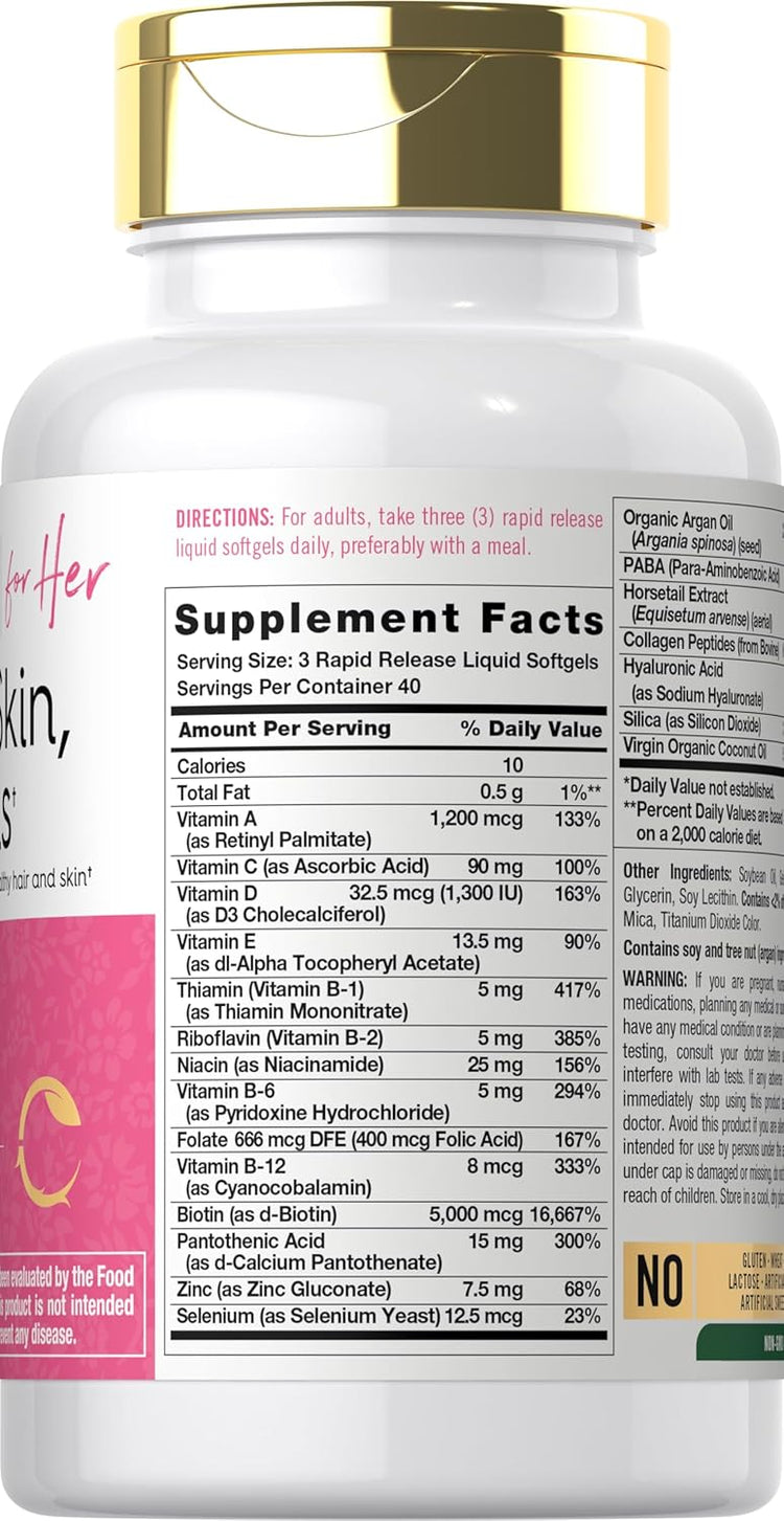 Carlyle Hair Skin and Nails 120 Rapid Release Liquid Softgels, a supplement for enhancing hair, skin, and nails.
