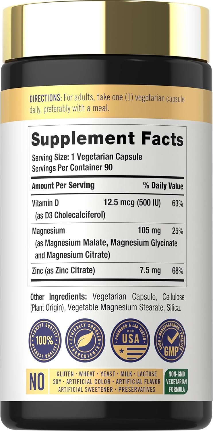 Supplement Facts panel for CL Carlyle Magnesium Zinc and Vitamin D 90 Capsules.