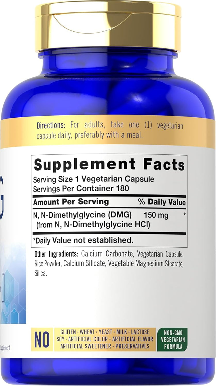 Capsules labeled CL DMG 150 mg, 180 count, vegetarian formulation.