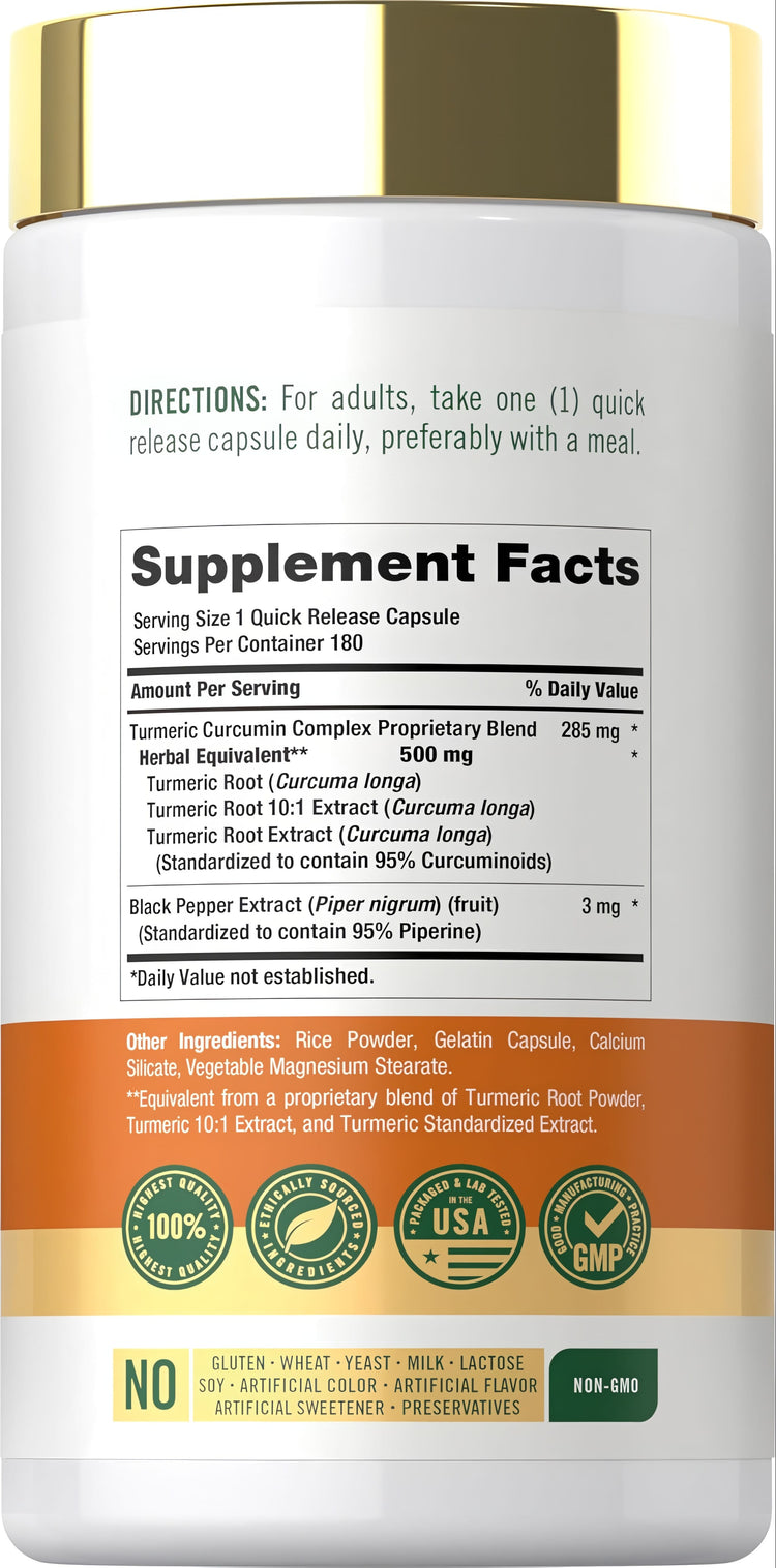 Carlyle Standardized Turmeric 500 mg with Bioperine, 180 quick-release capsules.
