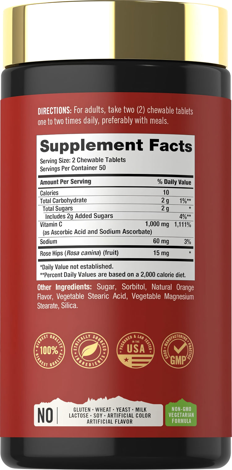 Supplement Facts panel for CL Tahoe Nutritionals Chewable Vitamin C 1000mg, 100 Tablets.