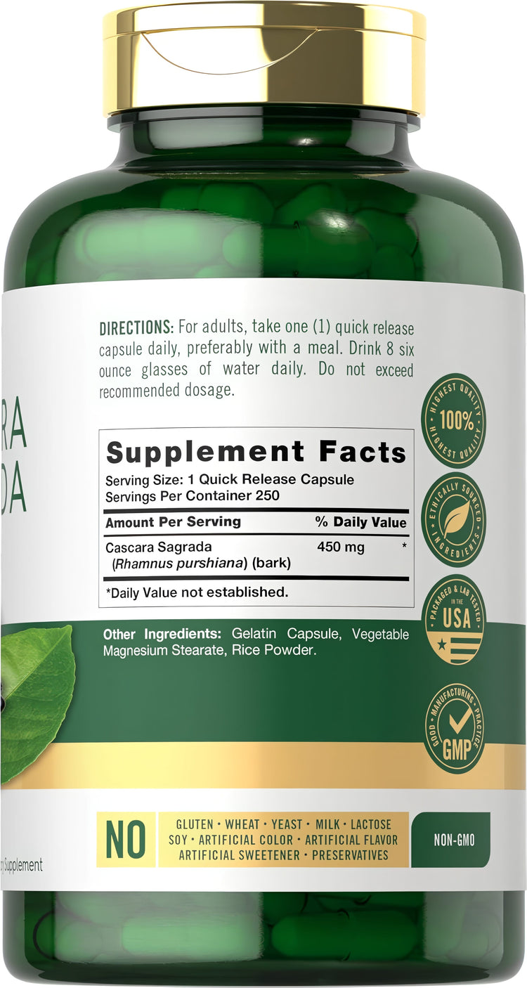 Cascara Sagrada bottle with icons indicating gluten, wheat, yeast, and milk free; soy free; no artificial additives; non-GMO.