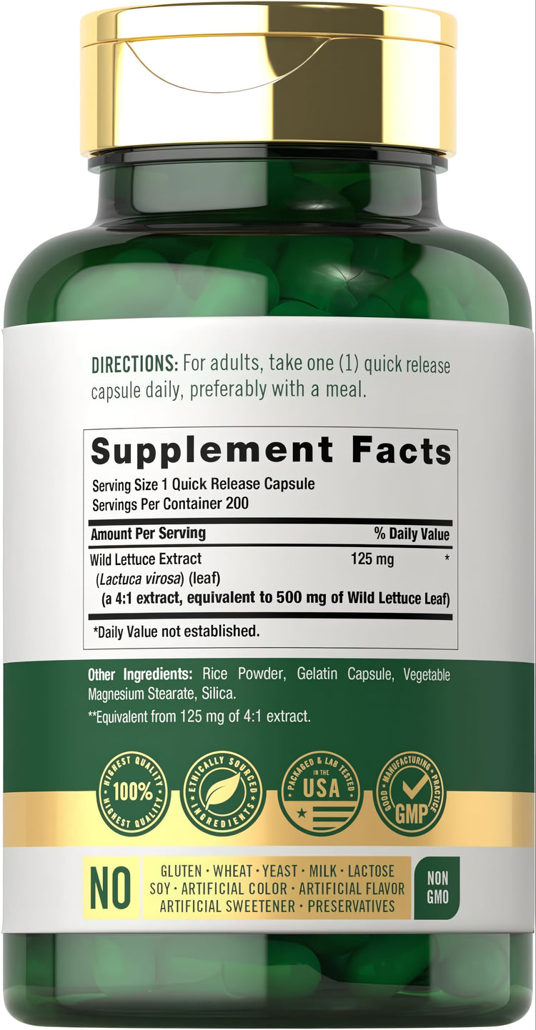 Wild Lettuce Extract 125 mg in 200 quick release capsules equivalent to 500 mg.