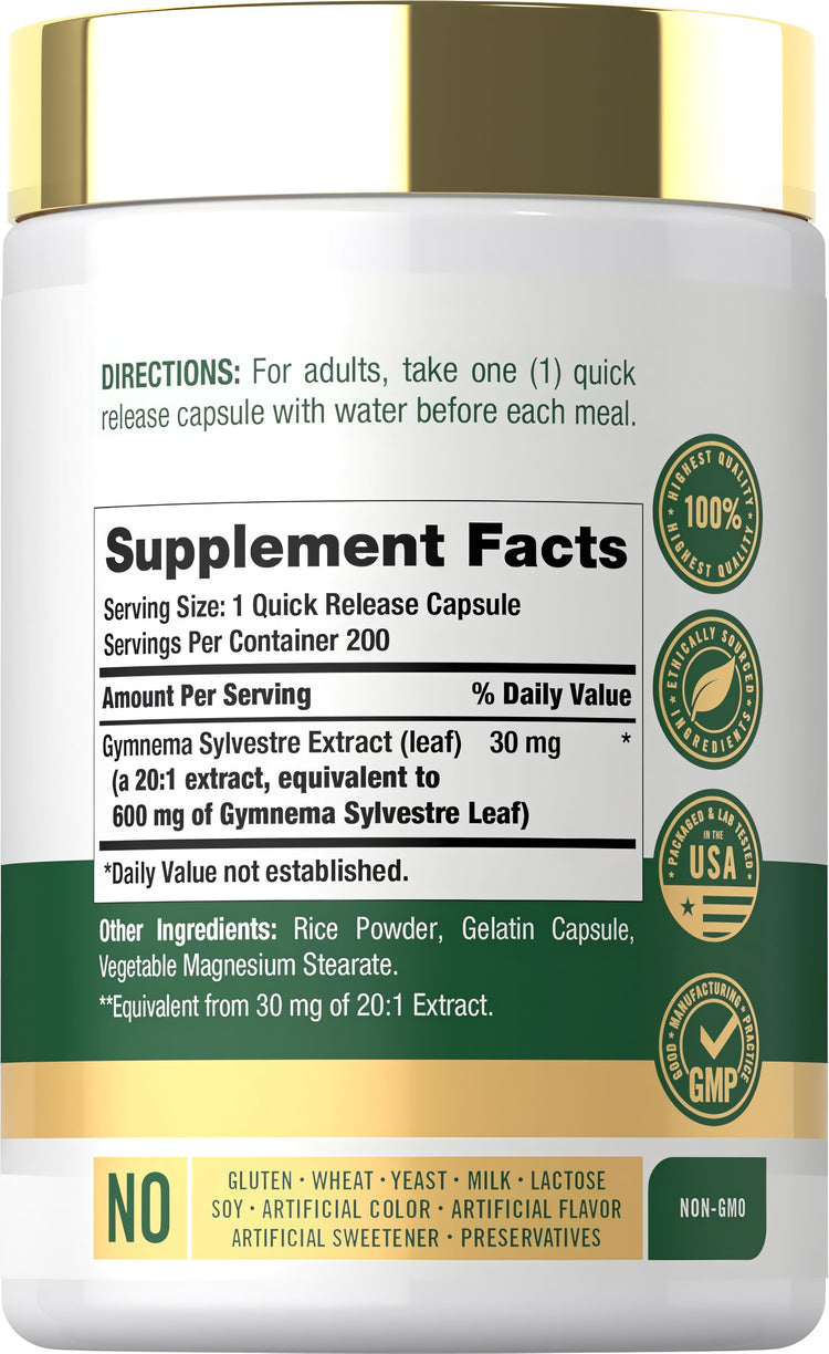 Supplement Facts panel displaying details for Gymnema Sylvestre 600 mg, 200 Capsules.