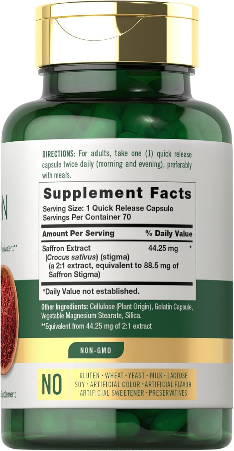 Bottle of Carlyle Saffron capsules, 88.5mg, containing 70 capsules for dietary supplementation.