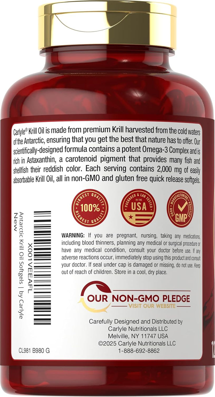 Carlyle Krill Oil 2000 mg softgels, 120 count. Non-GMO and gluten-free supplement.