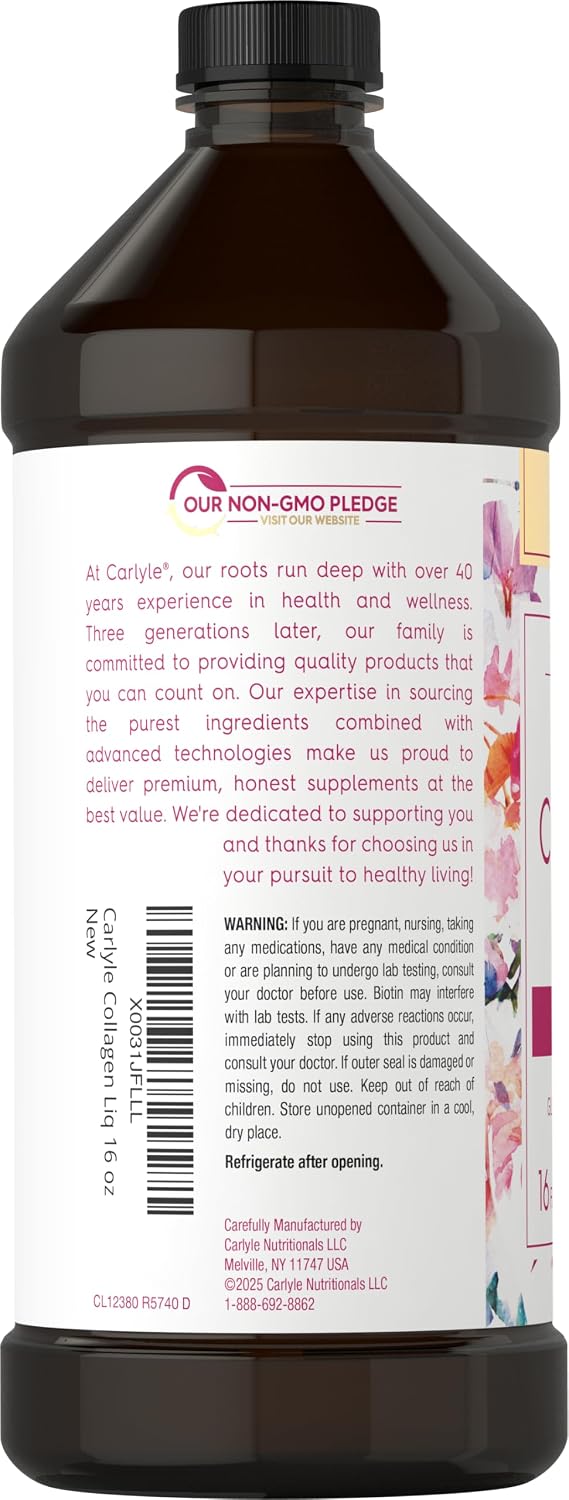 Carlyle Collagen Liquid 16 oz bottle, back label with 'Our Non-GMO Pledge' and safety warnings visible.