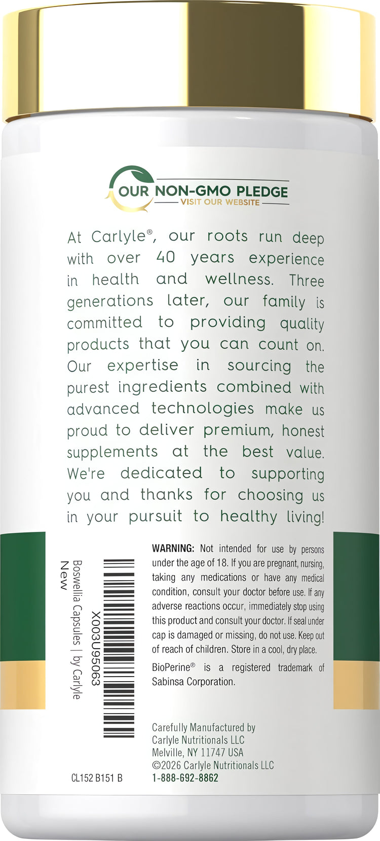 Carlyle Boswellia 1200mg, 250 capsules, dietary supplement for joint health benefits in a convenient bottle.