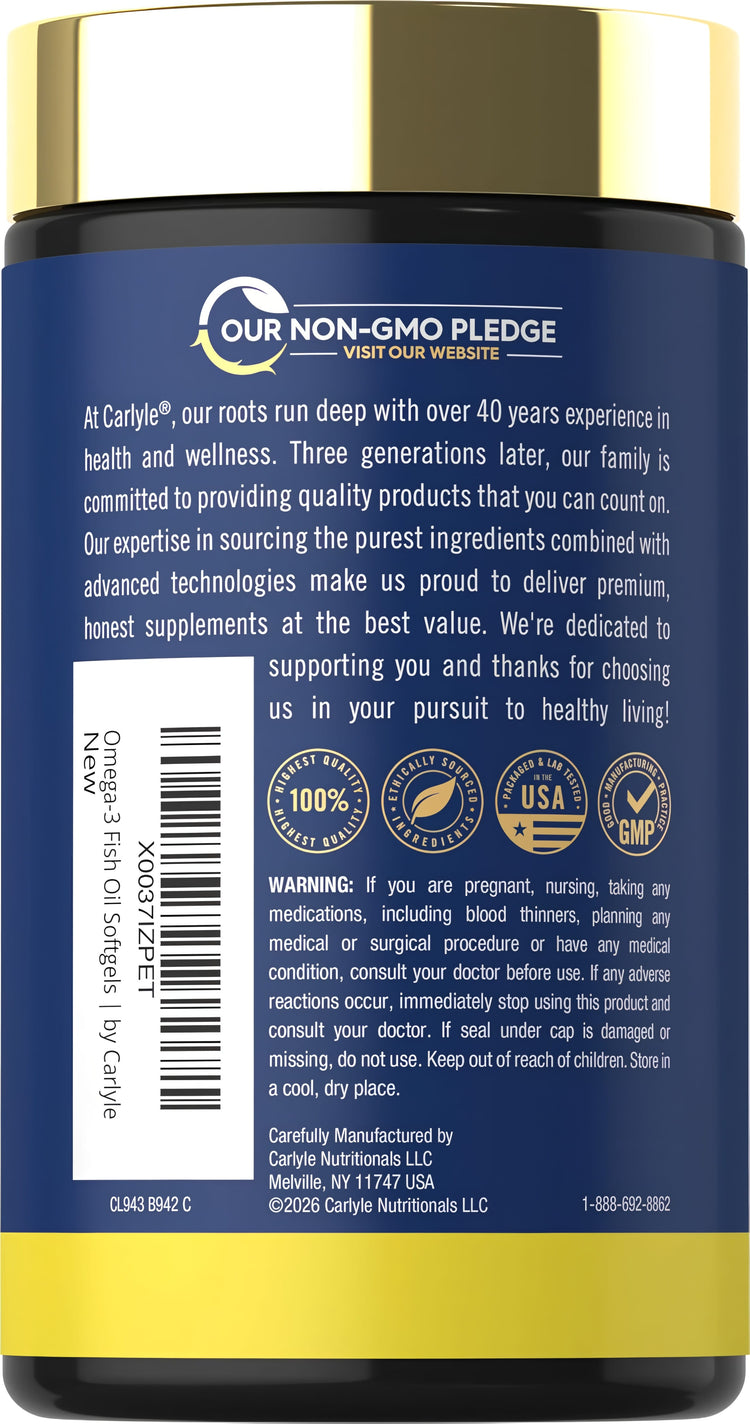 Carlyle Omega-3 Fish Oil Lemon Fla 3600 mg 120 Softgels bottle, back label displaying company info and health warnings.