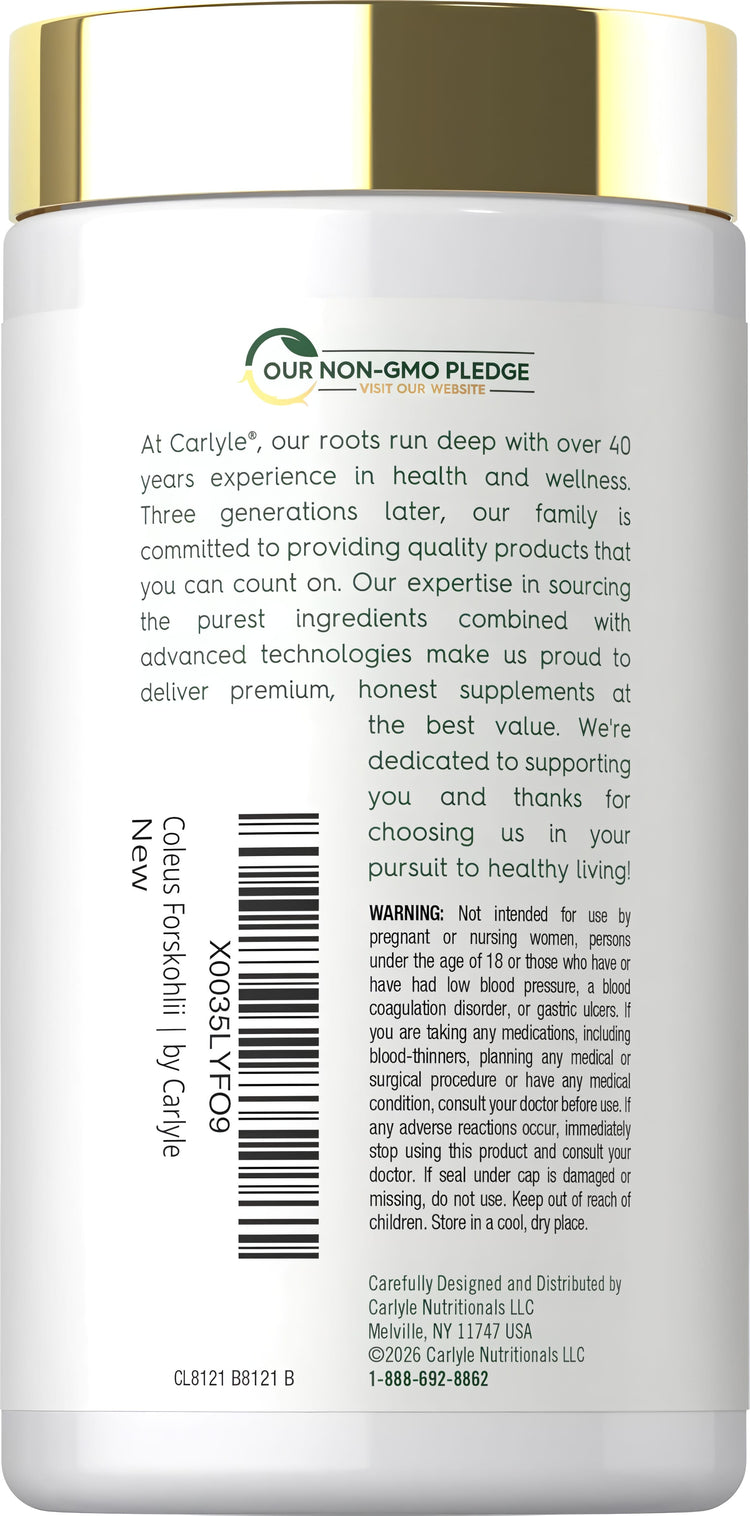Carlyle Coleus Forskohlii supplement bottle's back label shows Non-GMO pledge, company info, and warning text.
