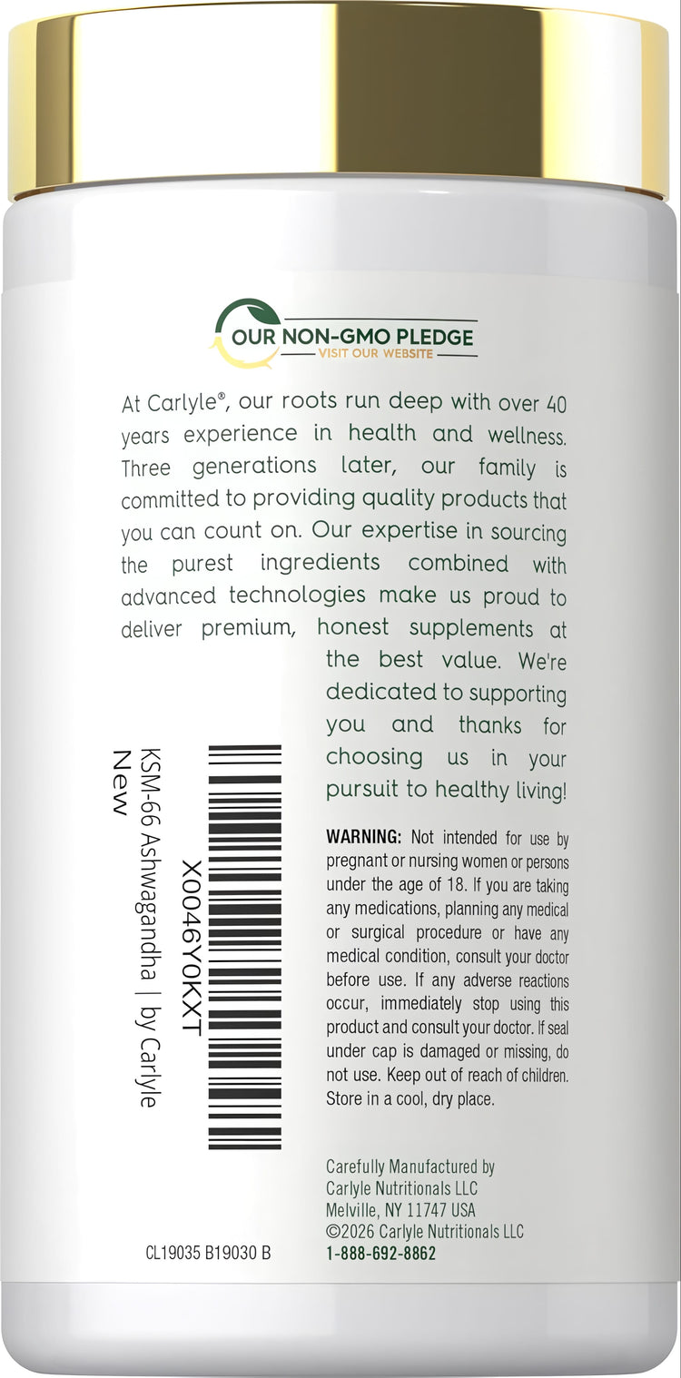 Carlyle KSM-66 Ashwagandha 600 mg 120 Caplets bottle, showing detailed product info and warnings on the label.
