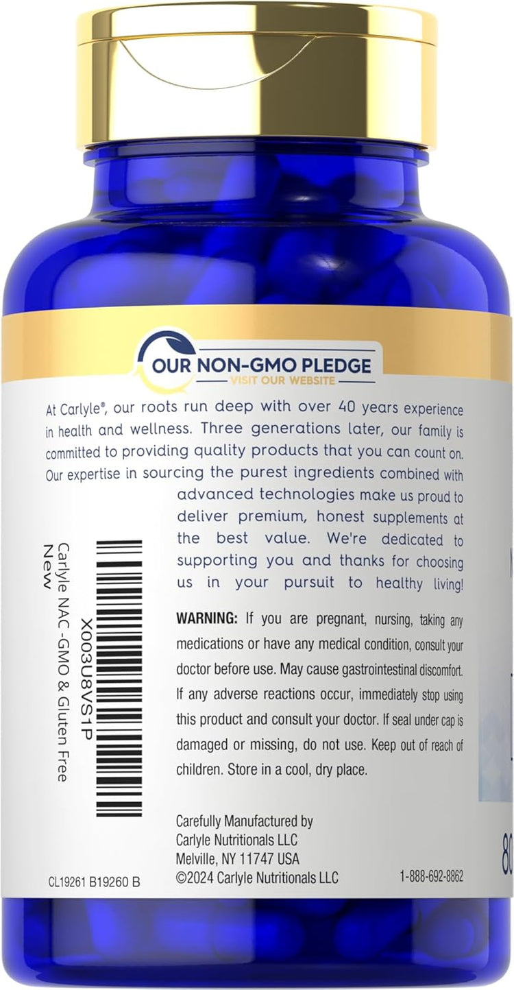 Carlyle NAC 1000mg with selenium and molybdenum, 80 capsules. Non-GMO and gluten free supplement.