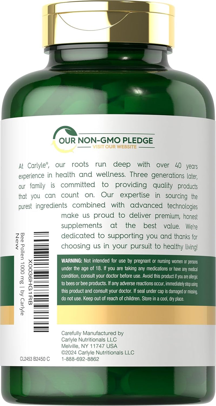 Carlyle Bee Pollen 1000 mg supplement bottle showing 'OUR NON-GMO PLEDGE' on the label.