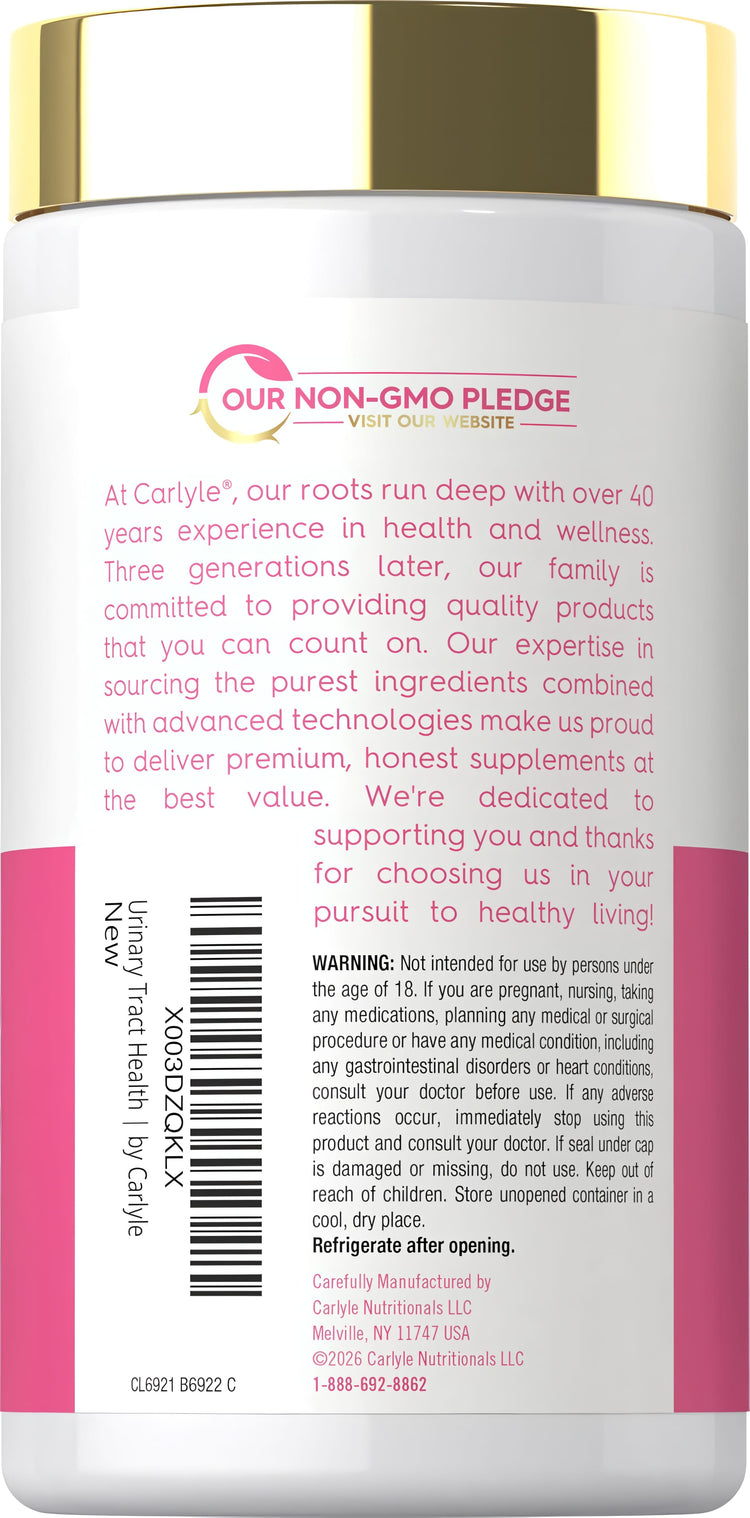 Carlyle Urinary Tract Health for Women 120 Cap, back label detailing Non-GMO pledge, warnings, and usage instructions.