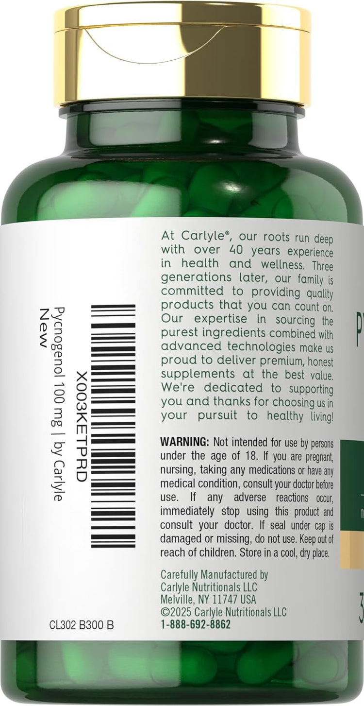 Carlyle Pycnogenol 100 mg 30 Capsules bottle labeled 'New' with product code X003KETPRD on front.
