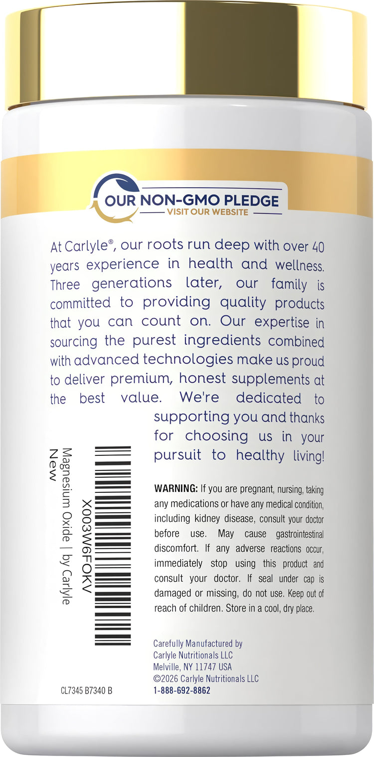 Bottle of 120 capsules containing 500 mg magnesium oxide, a dietary supplement for supporting bone health and overall well-being.