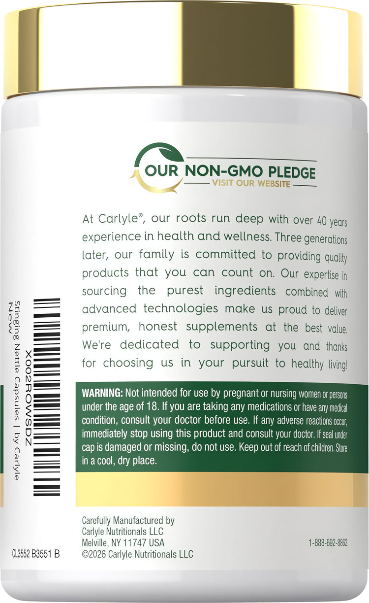 Carlyle Stinging Nettles supplement with 2000 mg per serving, containing 300 capsules for health and wellness support.