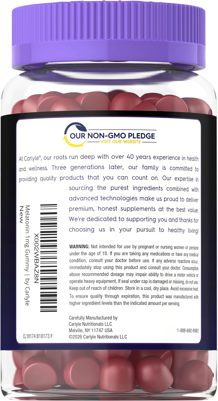 Carlyle Melatonin 1mg Gummy, containing 90 gummies per bottle, is designed for sleep support with a berry flavor.