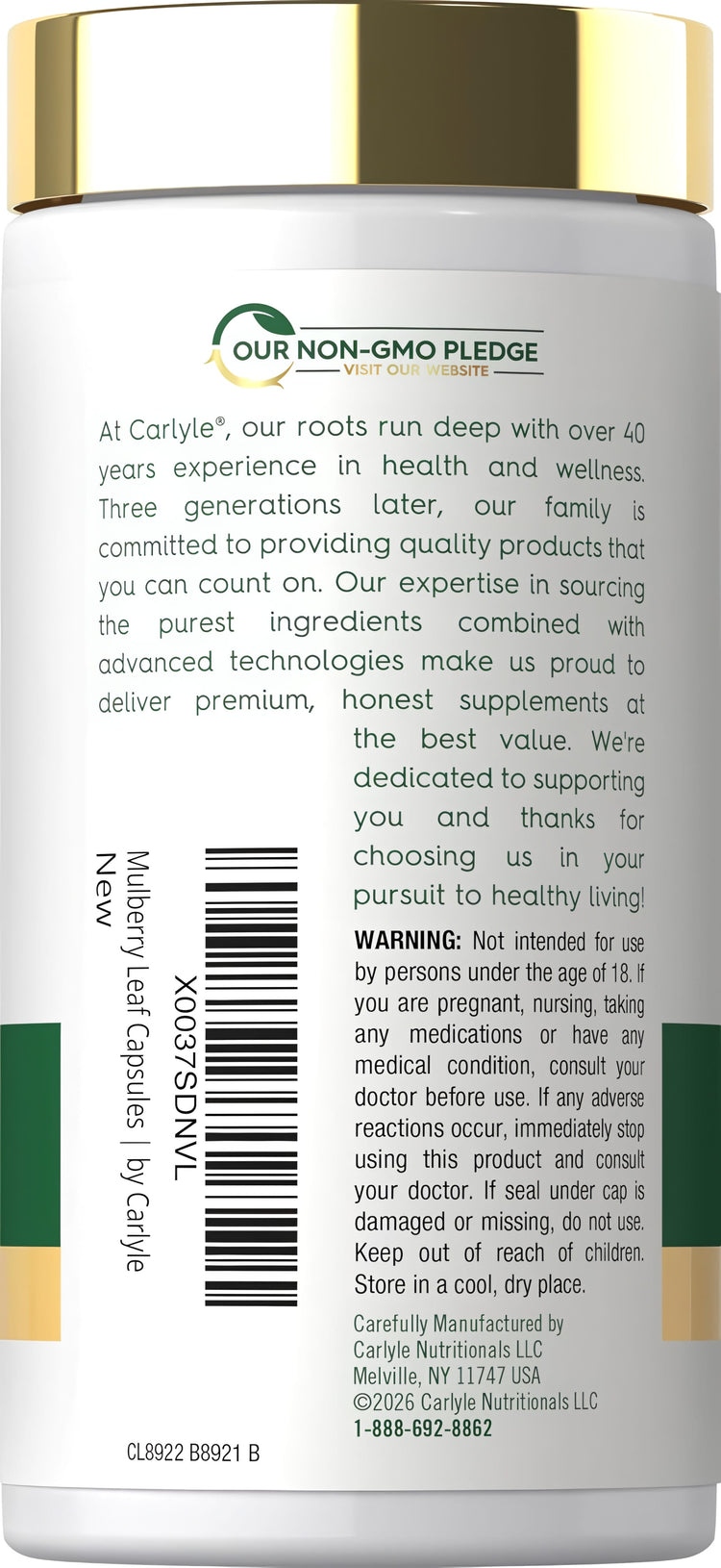Carlyle Mulberry Leaf supplement with 3000mg strength, available in a bottle containing 100 capsules.