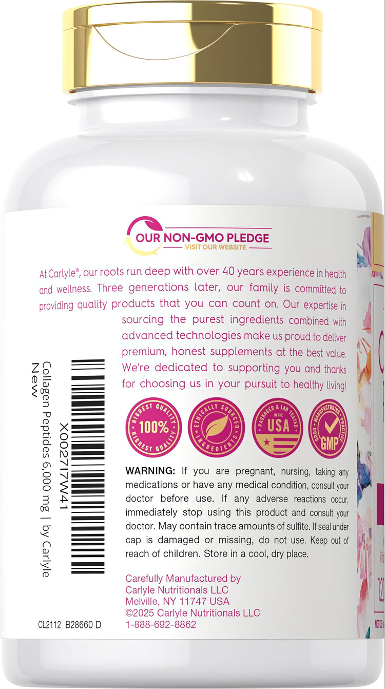 CL Collagen Peptides 6000 mg plus Vitamin C 120 caplets bottle displayed on a surface.