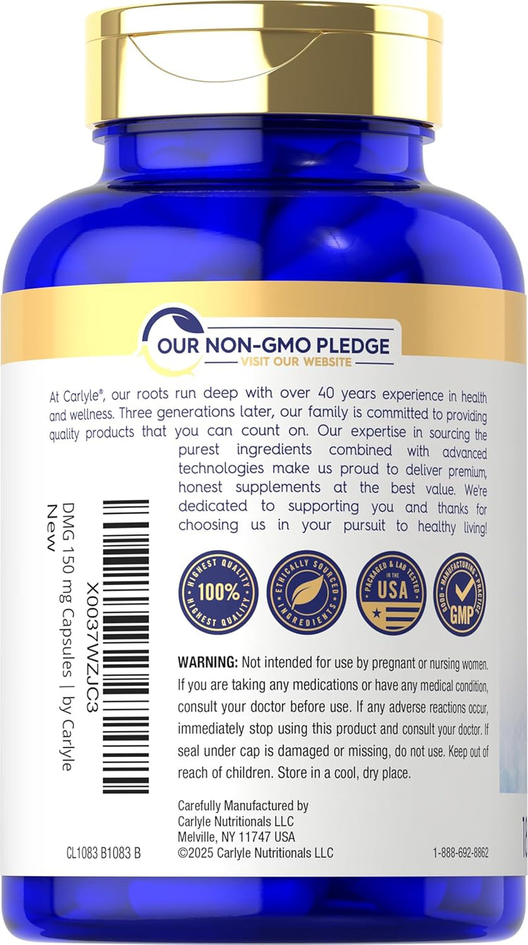 Carlyle DMG 150 mg supplement, 180 capsules, shown in a clear bottle for easy identification.