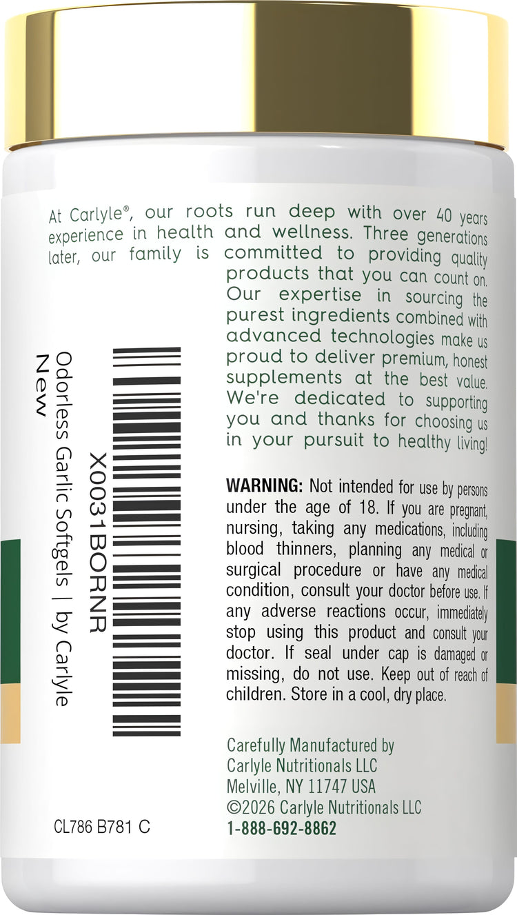 Carlyle Odorless Garlic 1500 mg bottle with 250 softgels for dietary supplement.