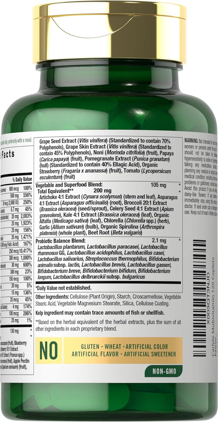 Image of Carlyle Superfood Blend Multi 120 Coated Caplets Supplement Facts panel.