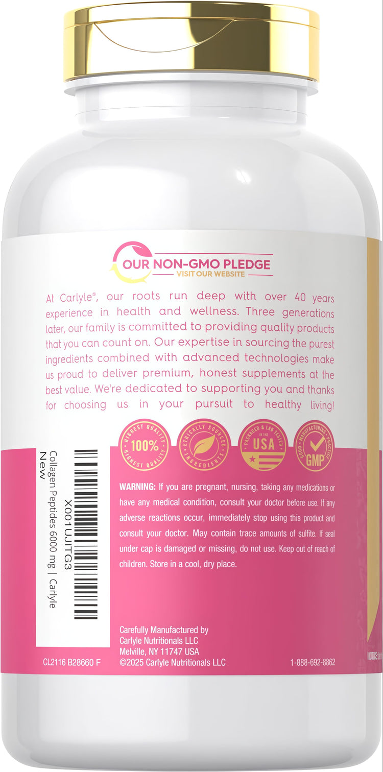 Carlyle Collagen Peptides 6000 mg supplement bottle displayed.