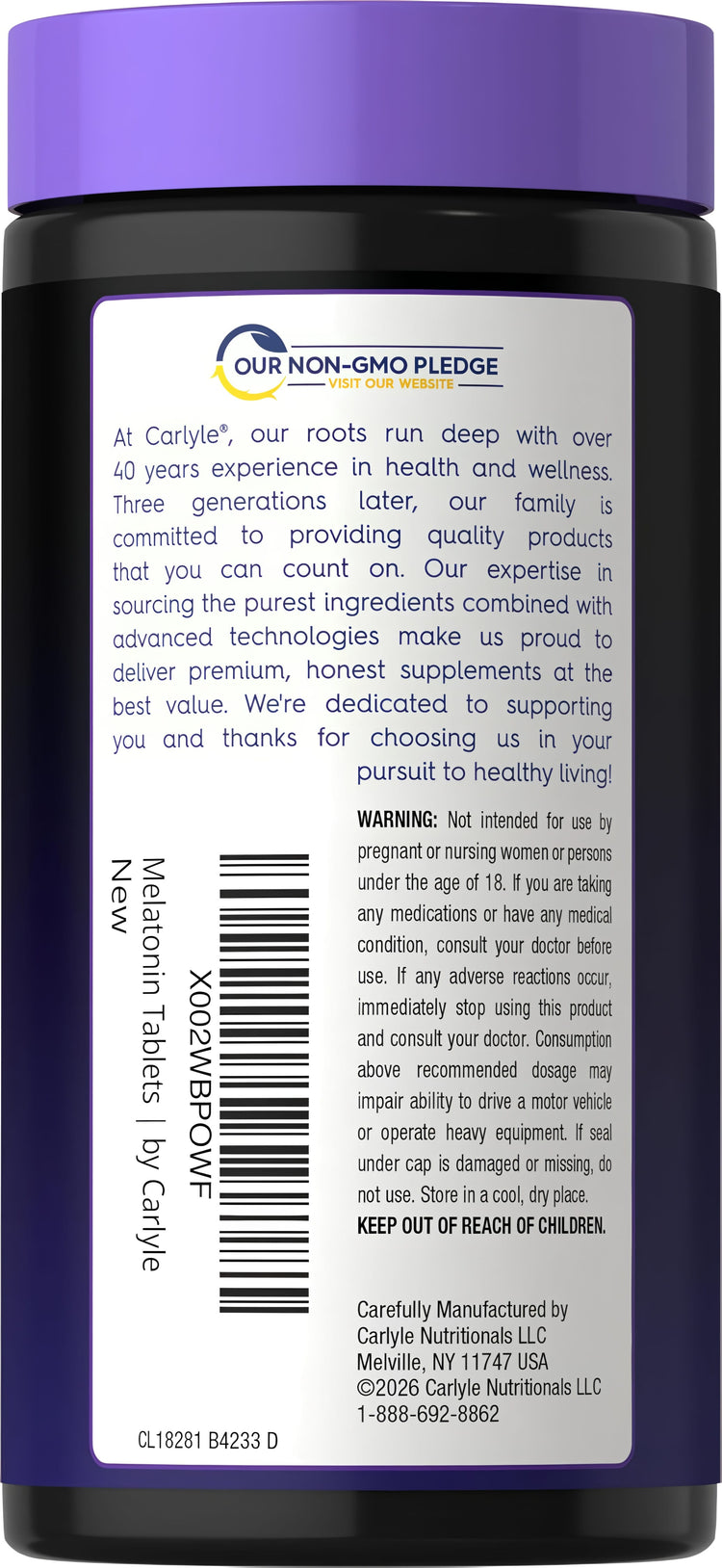 Carlyle Melatonin supplement, 10 mg, bottle containing 270 tablets.