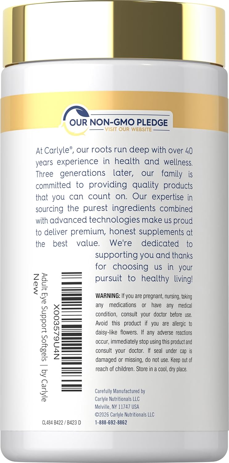 CL Carlyle Adult Eye Support Supplement bottle with 300 softgels, featuring 'Our Non-GMO Pledge' on the label.
