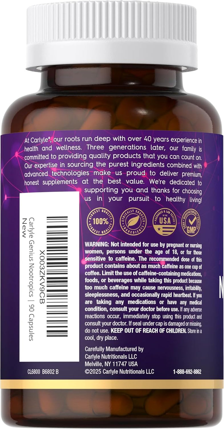 Carlyle Genius Nootropic bottle containing 90 capsules displayed.