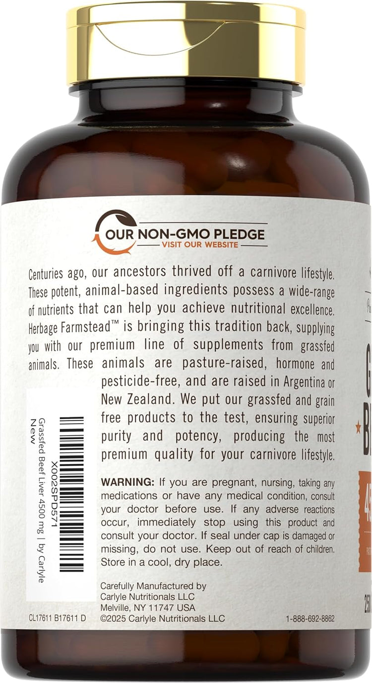 CL Grass Fed Liver Capsules 4500 mg, 250 caps bottle labeled with 'Our Non-GMO Pledge'.