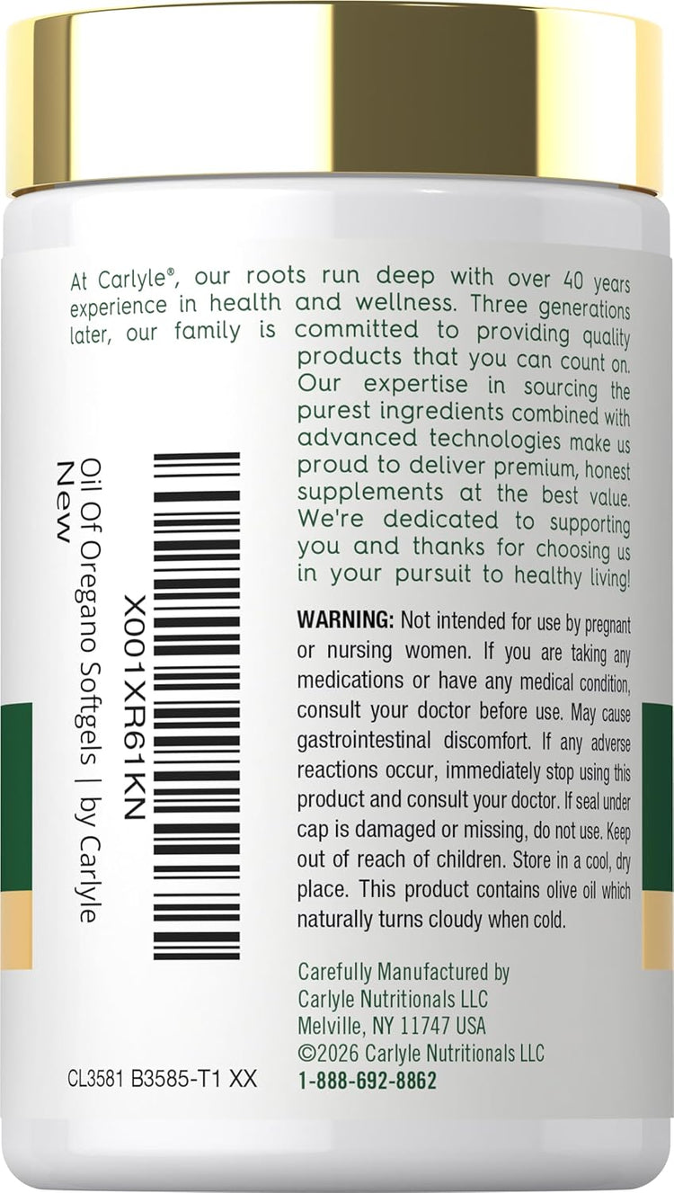 Carlyle Oil of Oregano 4000 mg Softgels, 150 count bottle for immune support and overall wellness.