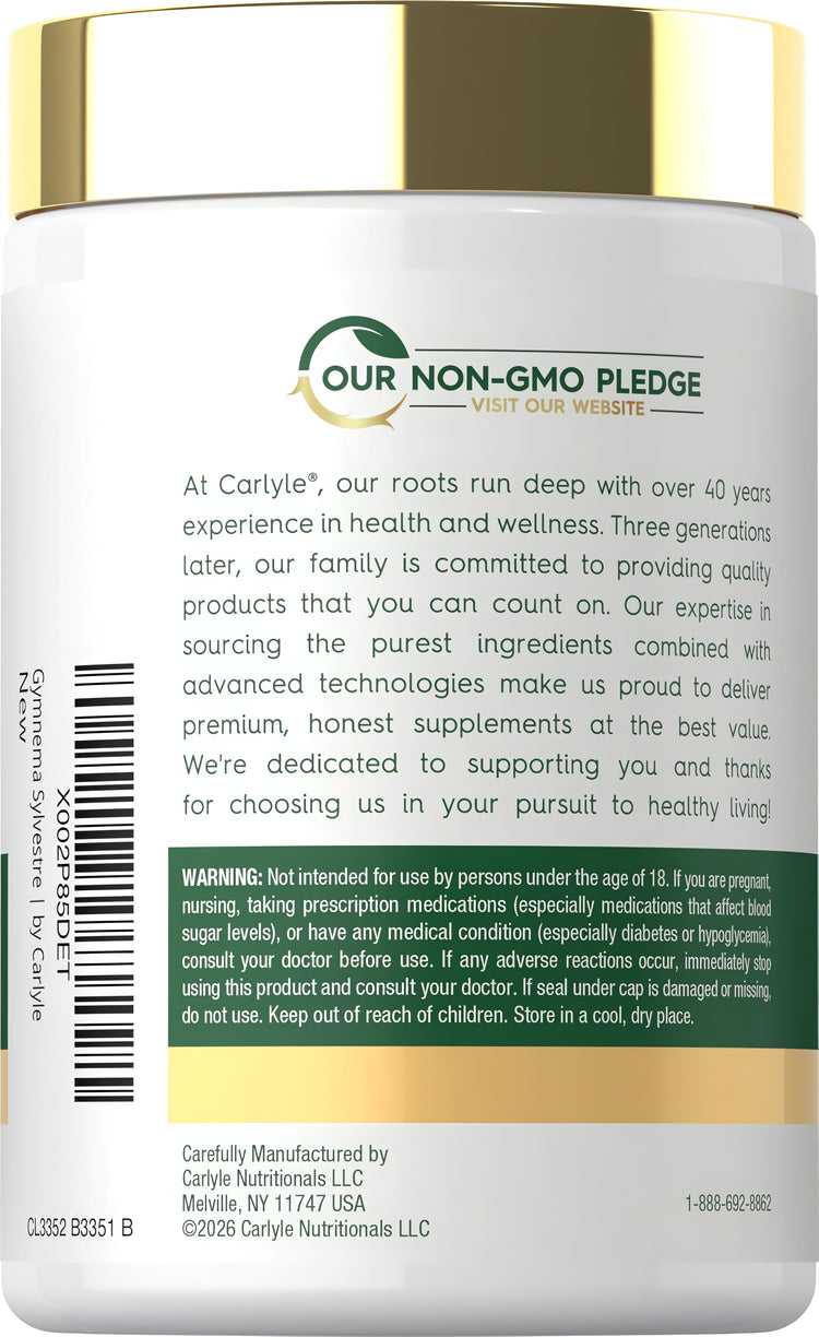 Carlyle Gymnema Sylvestre 600 mg bottle containing 200 capsules with 'Our Non-GMO Pledge' logo displayed.