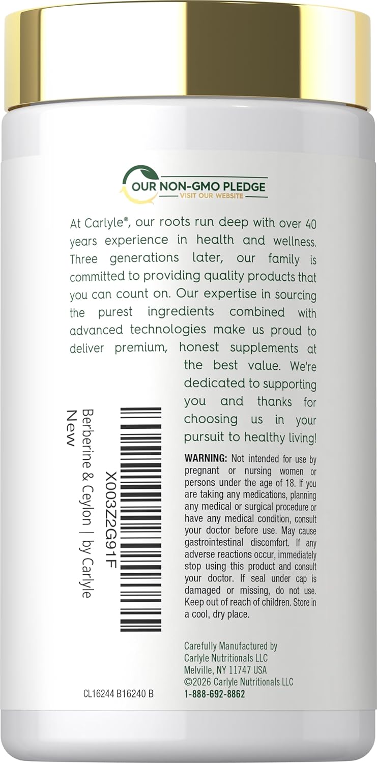 Carlyle Berberine+Ceylon Cinnamon 2000mg 60 Cap bottle featuring a 'OUR NON-GMO PLEDGE' logo.