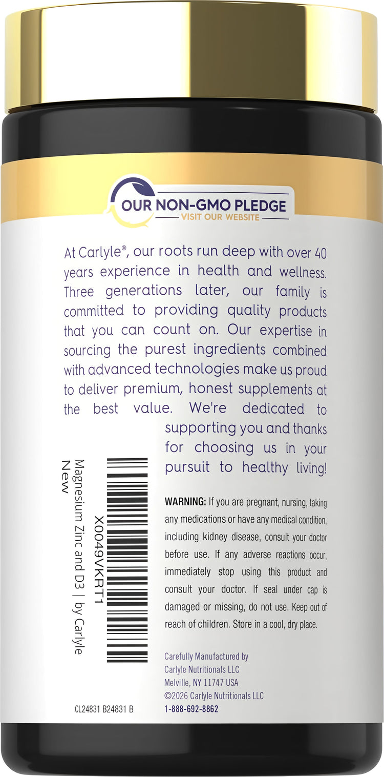 Carlyle Magnesium Zinc and Vit D 90 Capsules with back label showing Non-GMO Pledge, company story, and warnings.