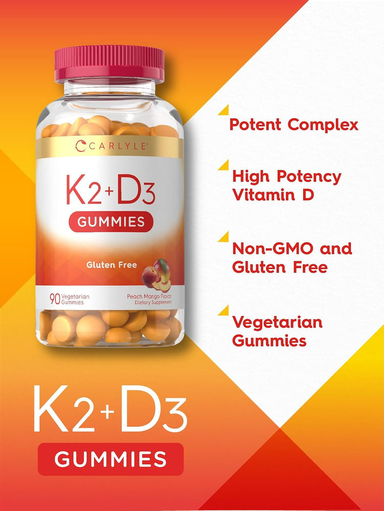 Product highlights graphic stating Potent Complex, High Potency Vitamin D, Non-GMO, Gluten Free, Vegetarian Gummies.