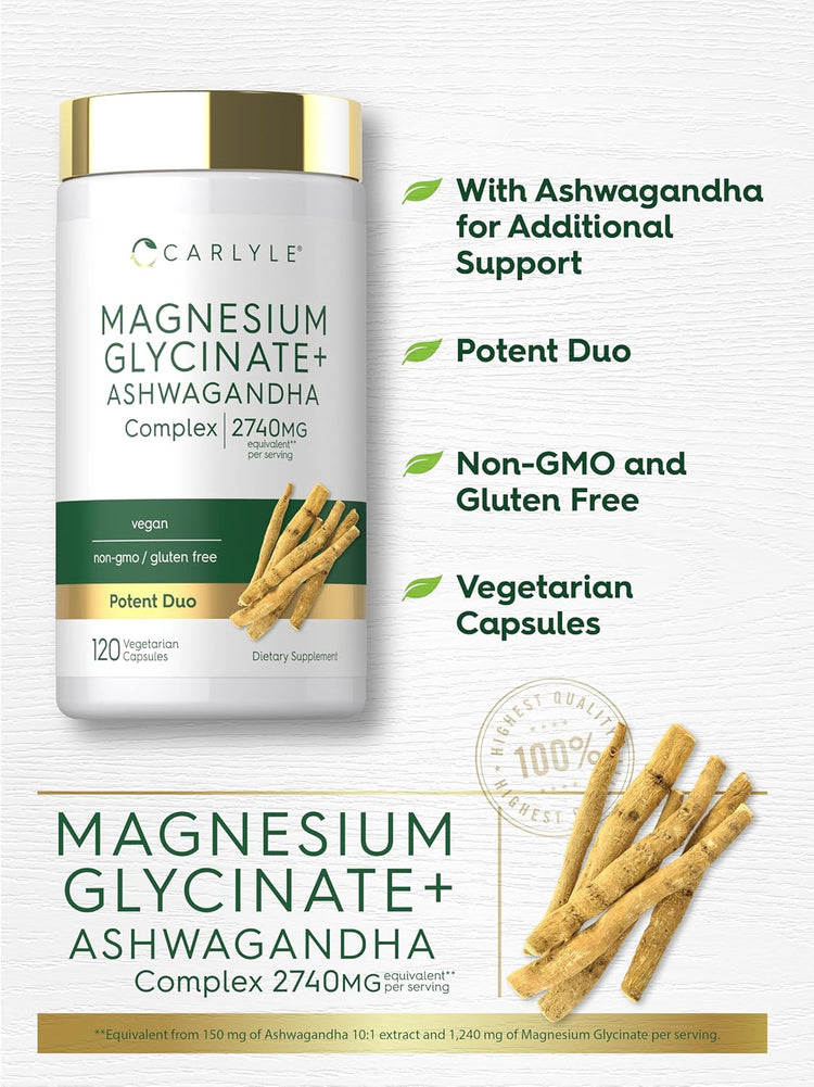 Carlyle Magnesium Glycinate + Ashwagandha Complex with 2740MG per serving in 120 Vegetarian Capsules.