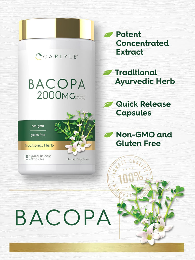 Carlyle Bacopa 2000mg equivalent per serving with 180 quick release capsules, non-GMO, and gluten-free.