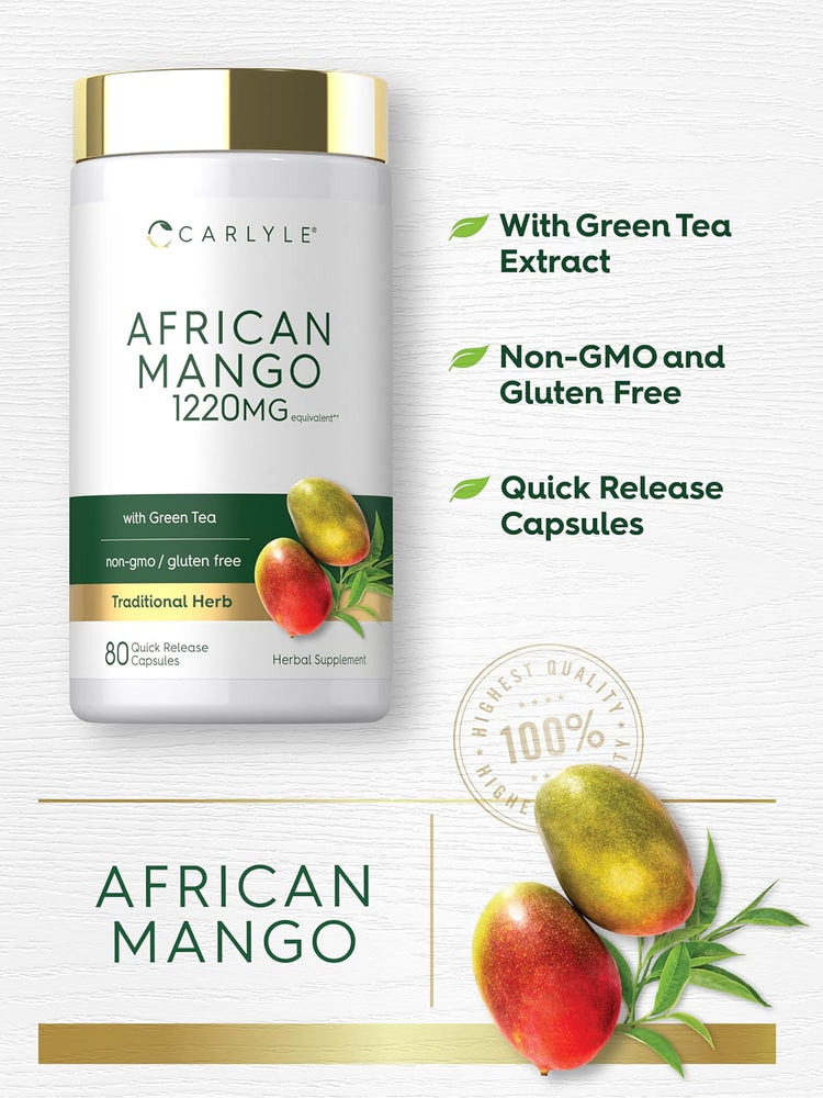 Carlyle African Mango 1220mg with Green Tea, 80 Quick Release Capsules for dietary support and wellness.